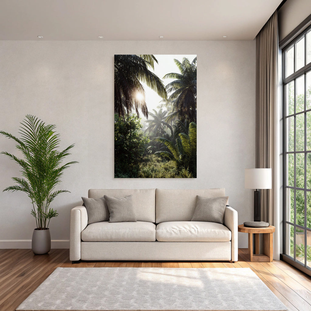 Tropics and jungle Tropical landscape with palm trees and light show
