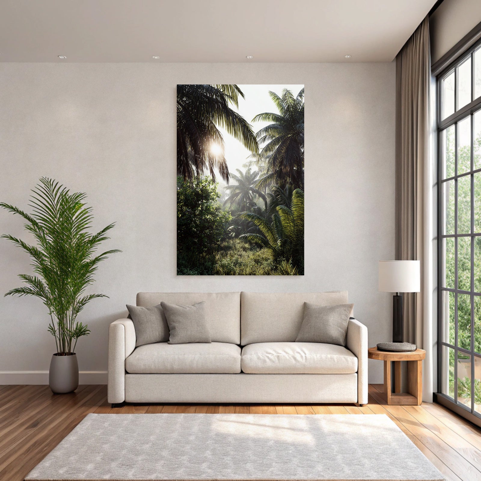 Tropics and jungle Tropical landscape with palm trees and light show