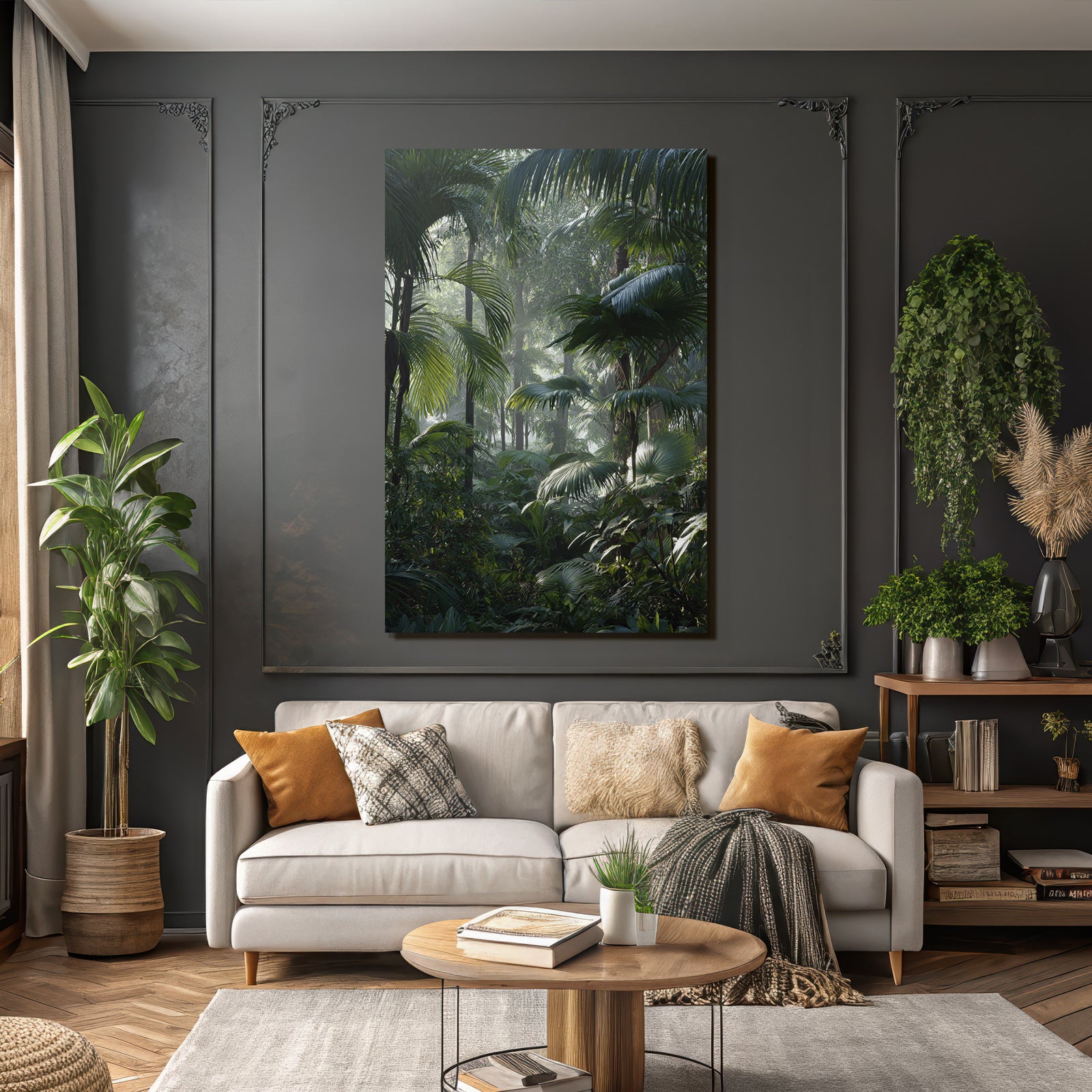 Tropics and Jungle Tropical Rainforest with Palm Trees and Dense Following in Misty Light