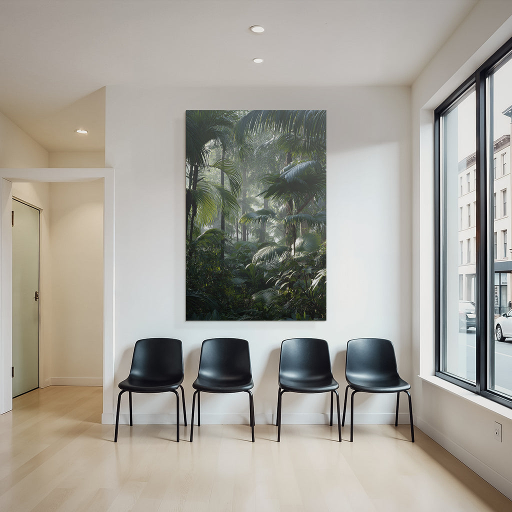 Tropics and Jungle Tropical Rainforest with Palm Trees and Dense Following in Misty Light