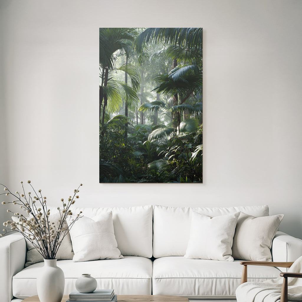 Tropics and Jungle Tropical Rainforest with Palm Trees and Dense Following in Misty Light