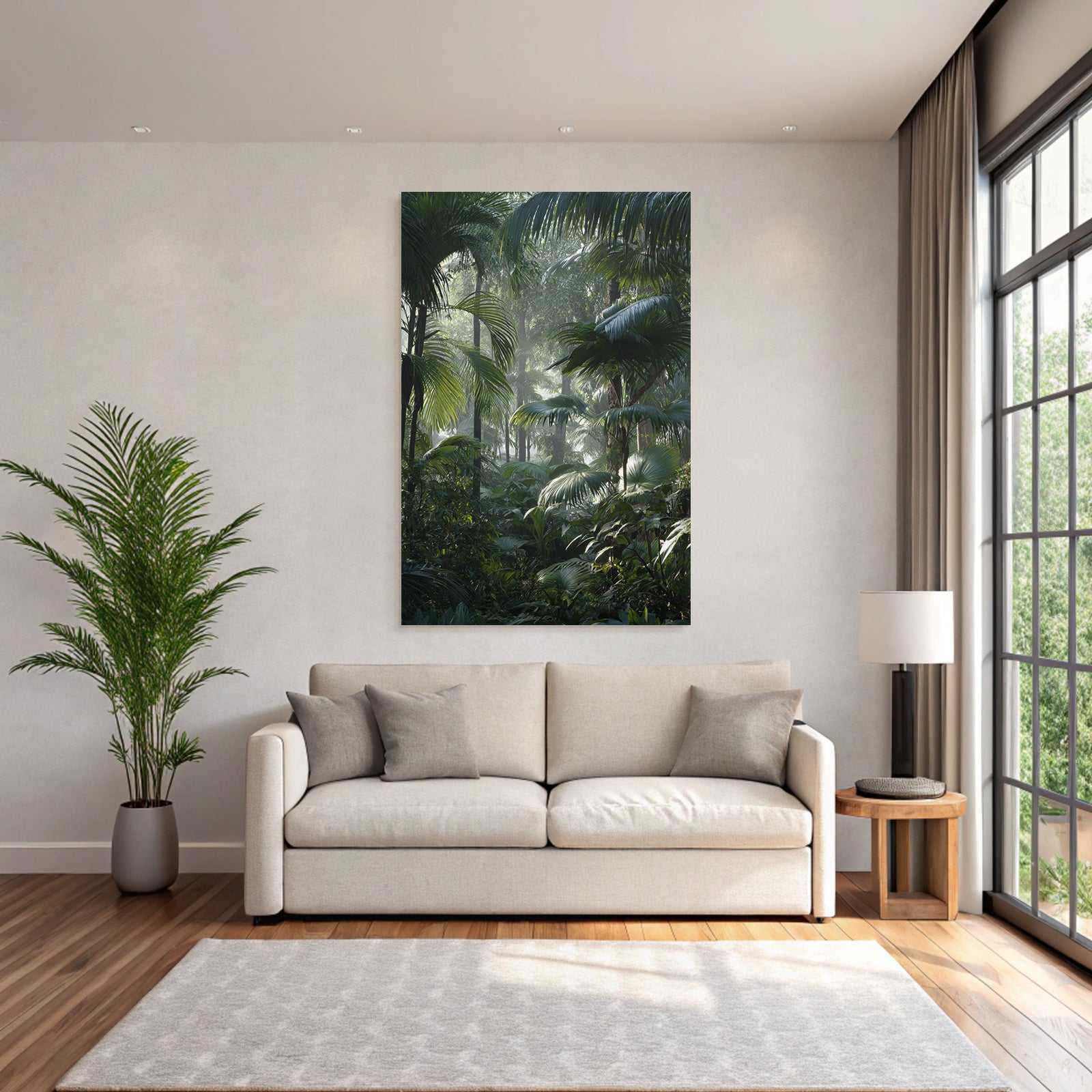 Tropics and Jungle Tropical Rainforest with Palm Trees and Dense Following in Misty Light
