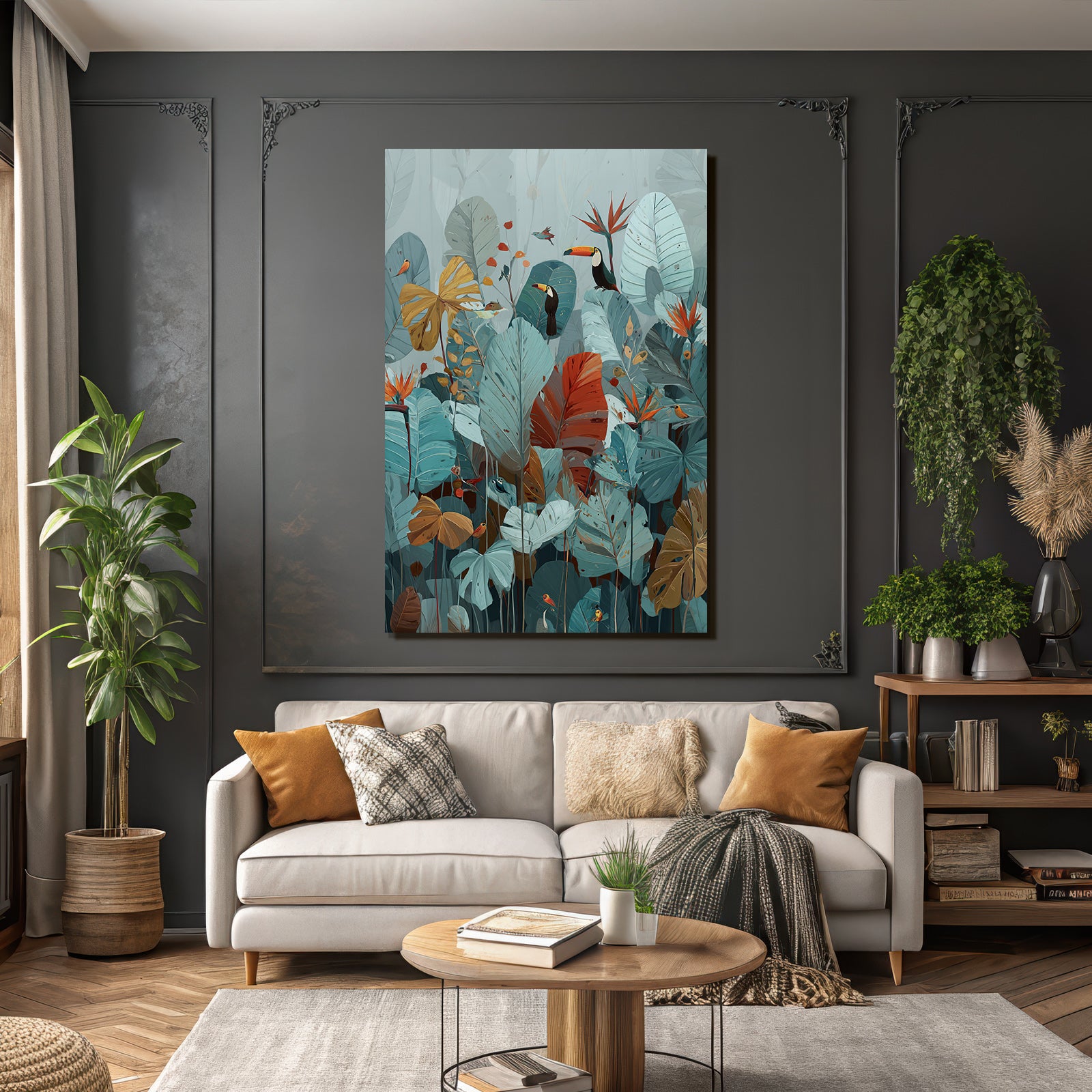Tropics and Jungle Tropical Rainforest Scenario with Birds and Leaves Brown Blue Green