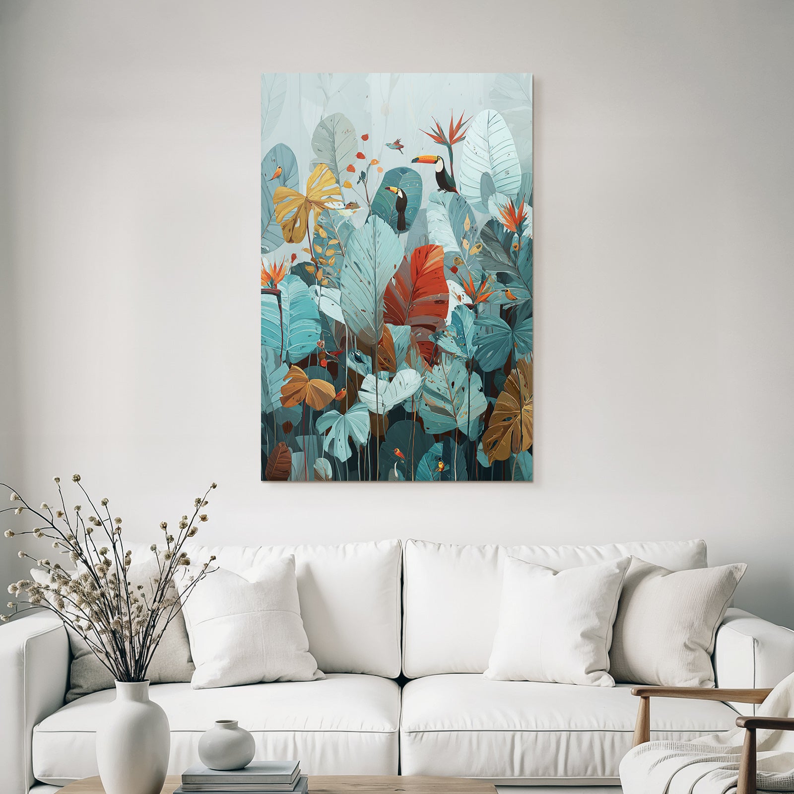 Tropics and Jungle Tropical Rainforest Scenario with Birds and Leaves Brown Blue Green