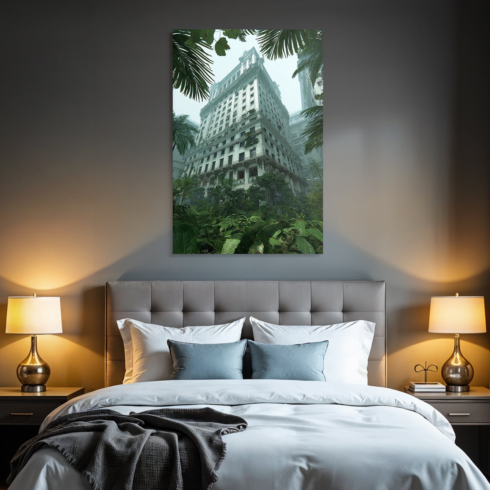 Tropics and jungle. Abandoned buildings surrounded by green vegetation. Mysterious background.