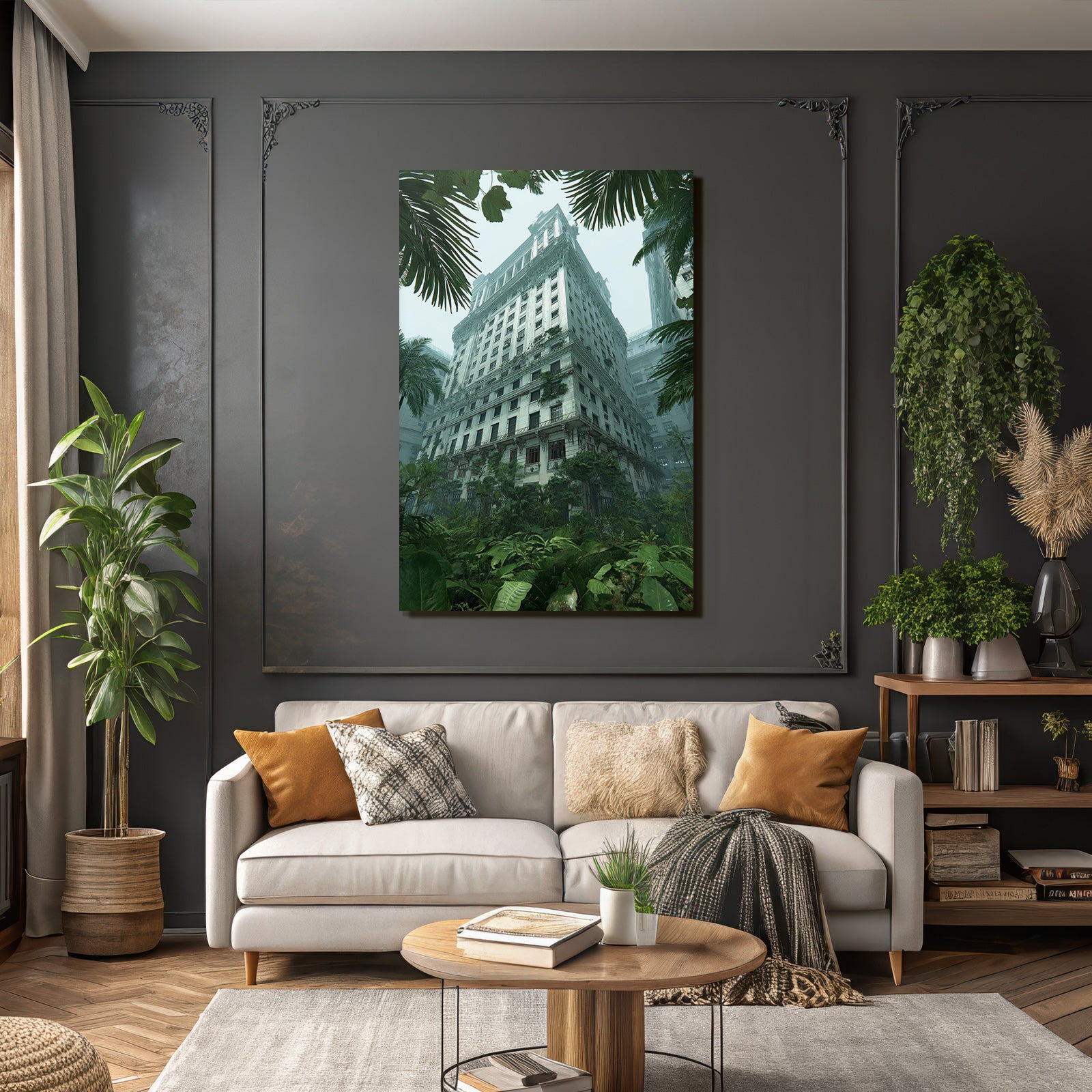 Tropics and jungle. Abandoned buildings surrounded by green vegetation. Mysterious background.