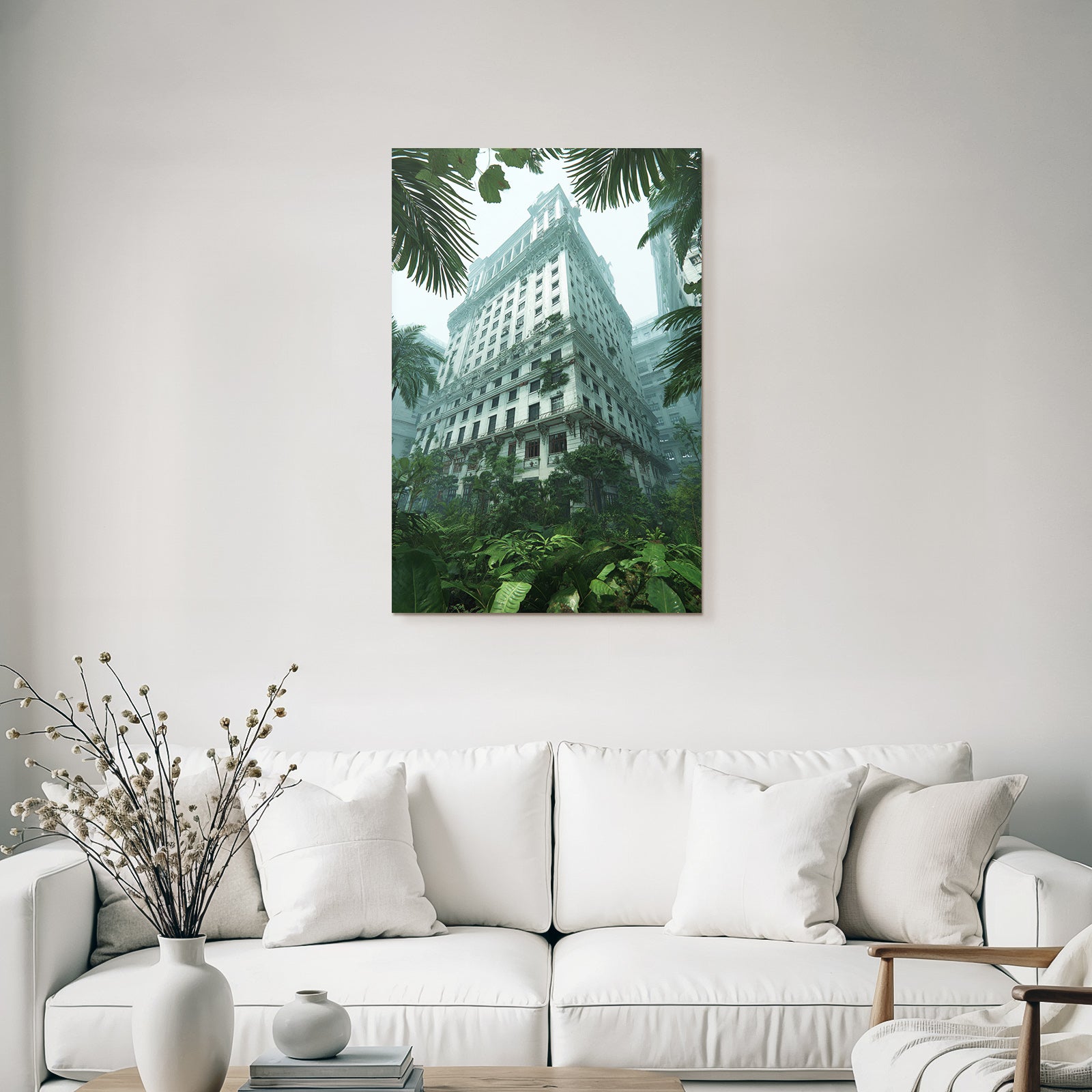 Tropics and jungle. Abandoned buildings surrounded by green vegetation. Mysterious background.