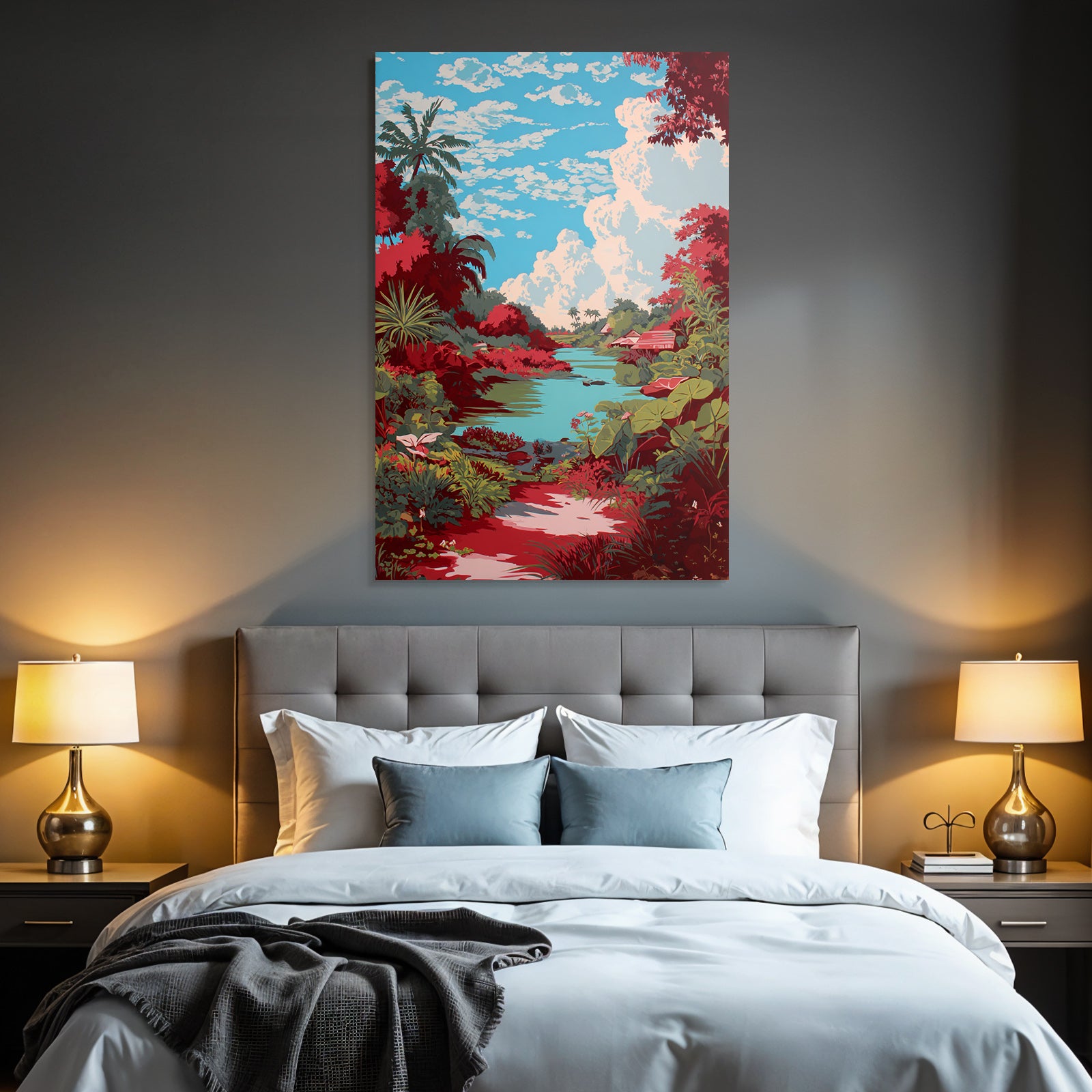 Tropics and Jungle Vibrant Landscape Scenes with River and Tropical Plants