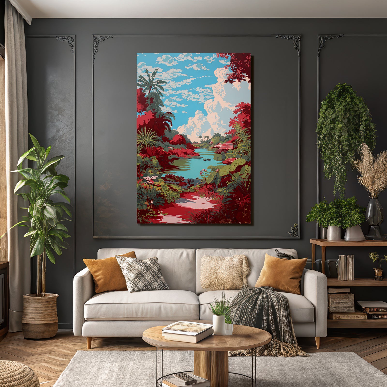 Tropics and Jungle Vibrant Landscape Scenes with River and Tropical Plants
