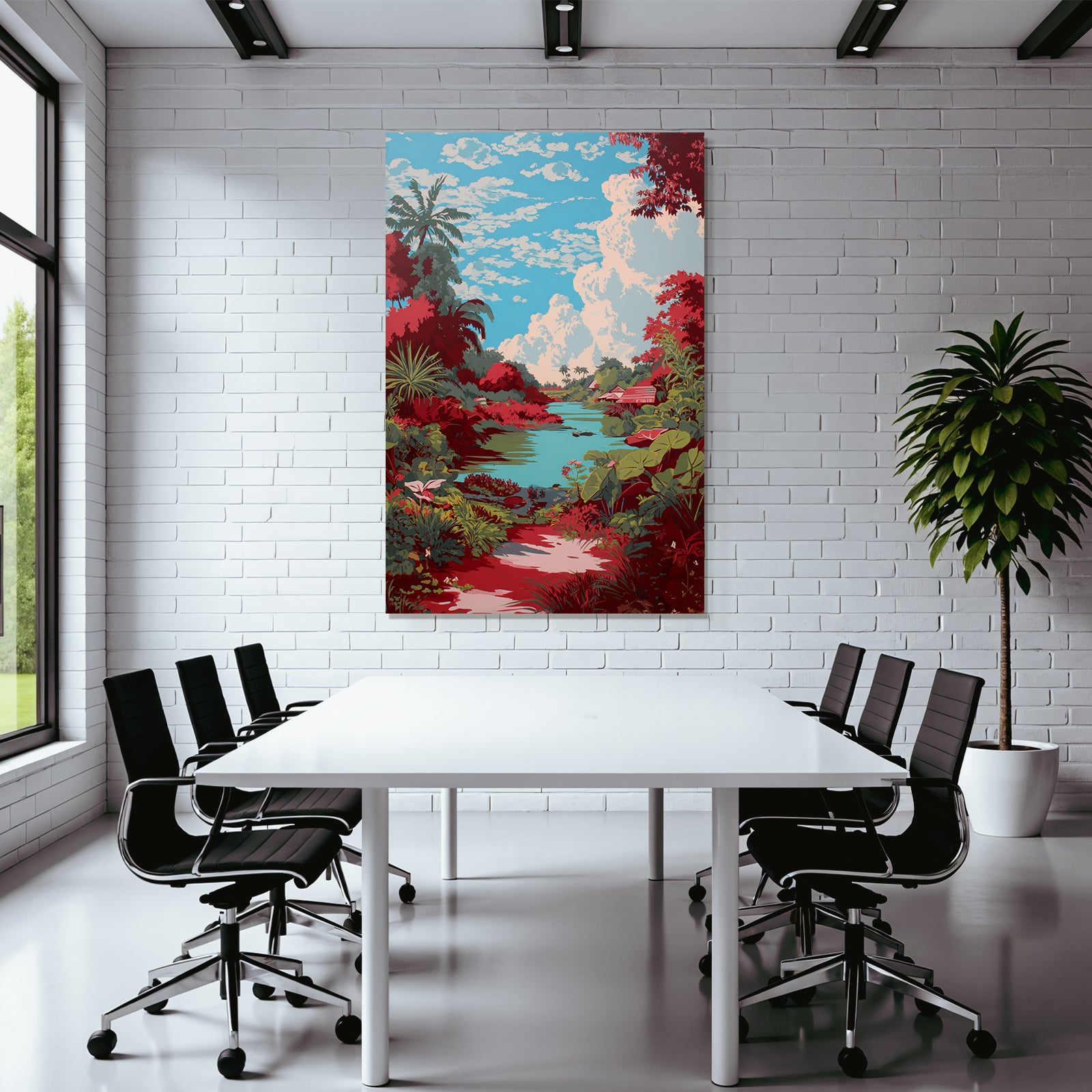 Tropics and Jungle Vibrant Landscape Scenes with River and Tropical Plants
