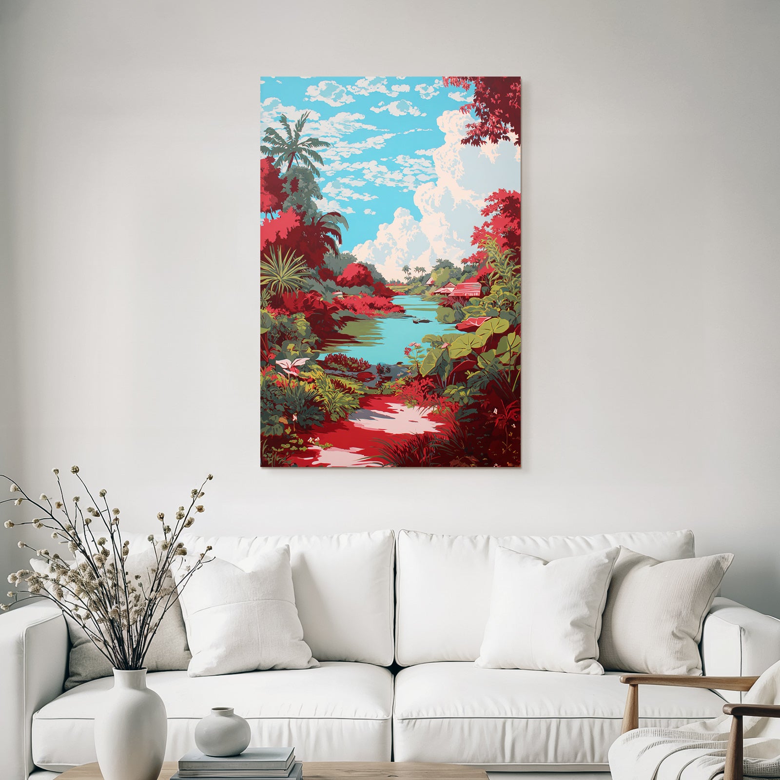 Tropics and Jungle Vibrant Landscape Scenes with River and Tropical Plants