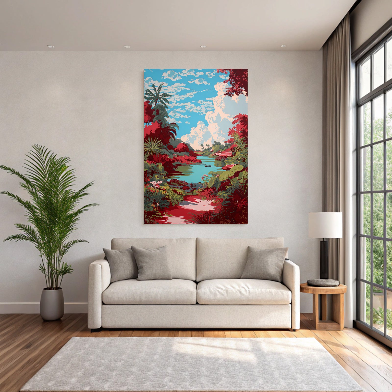 Tropics and Jungle Vibrant Landscape Scenes with River and Tropical Plants