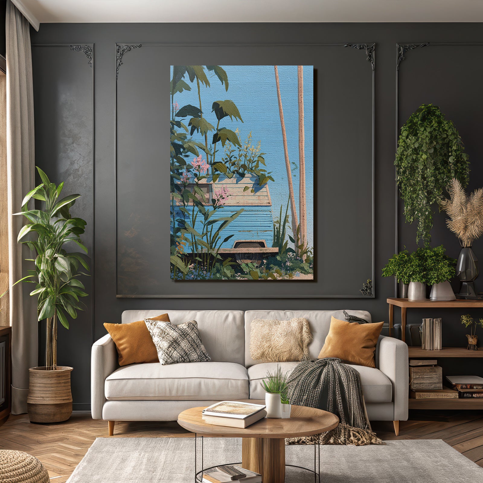 Tropics and Jungle Vintage Blue Van Surrounded by Green Plants and Flowers