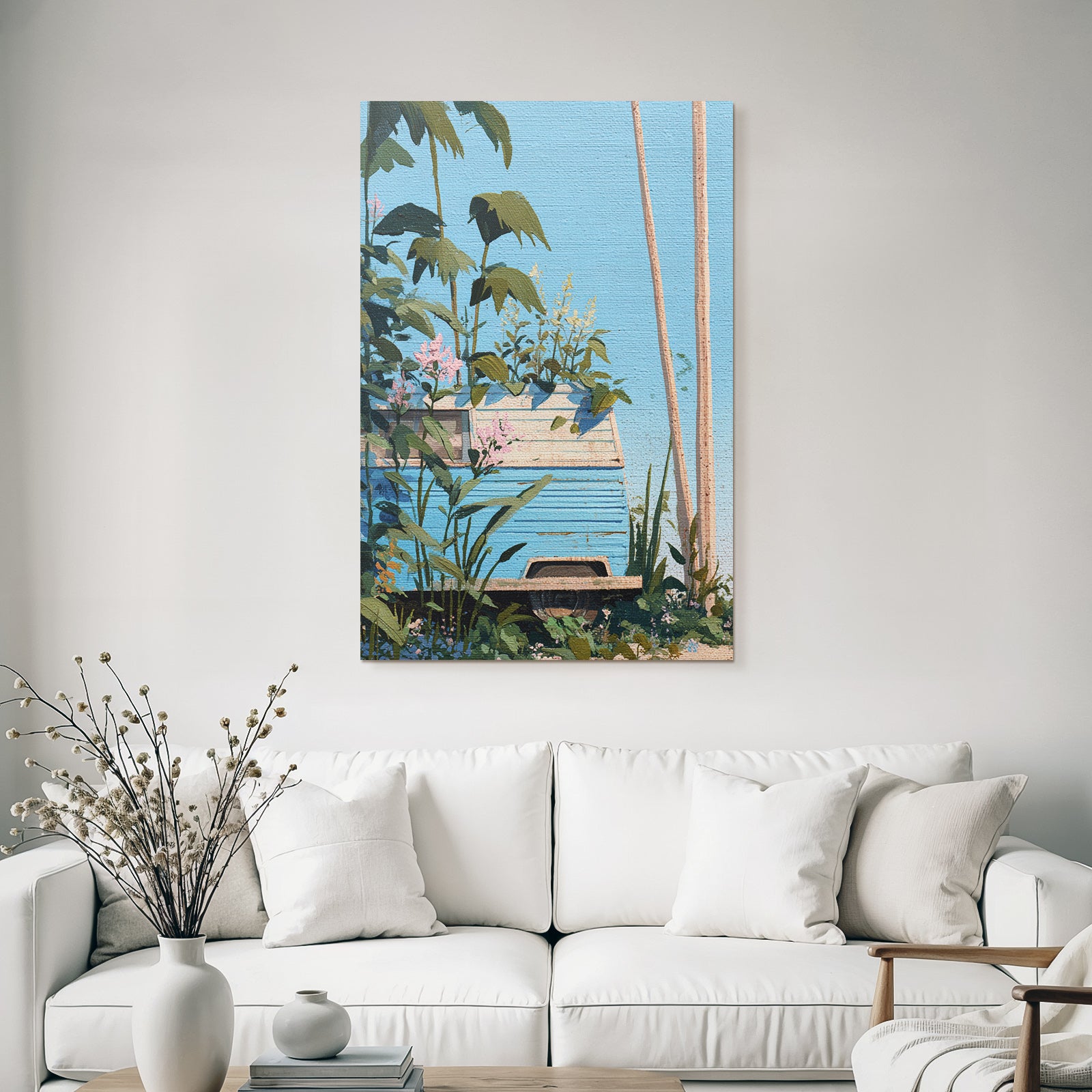 Tropics and Jungle Vintage Blue Van Surrounded by Green Plants and Flowers