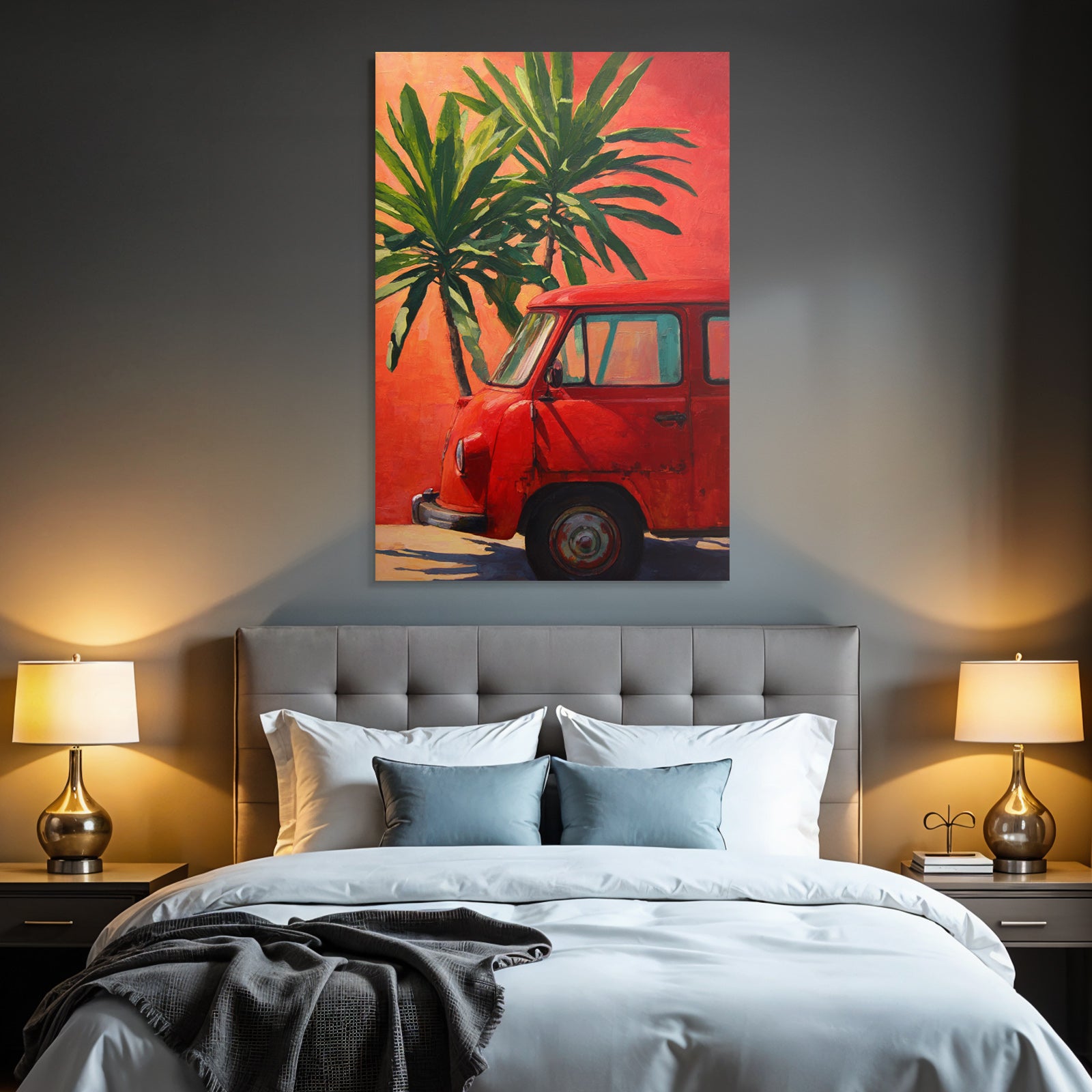 Tropics and jungle vintage red vehicle against orange background with green palm trees