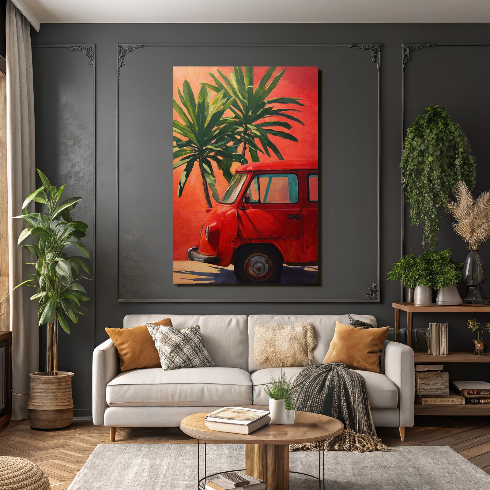 Tropics and jungle vintage red vehicle against orange background with green palm trees