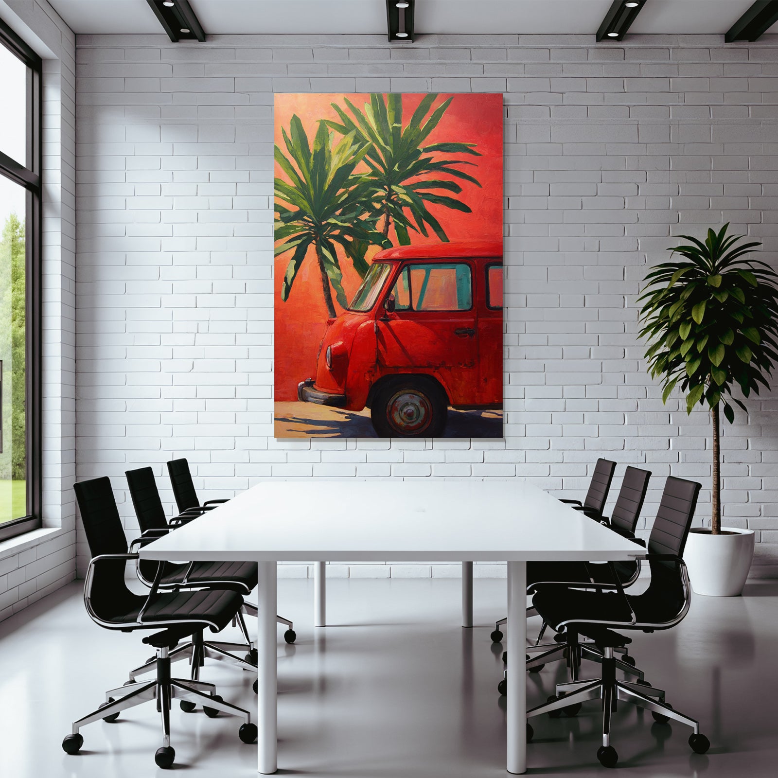 Tropics and jungle vintage red vehicle against orange background with green palm trees