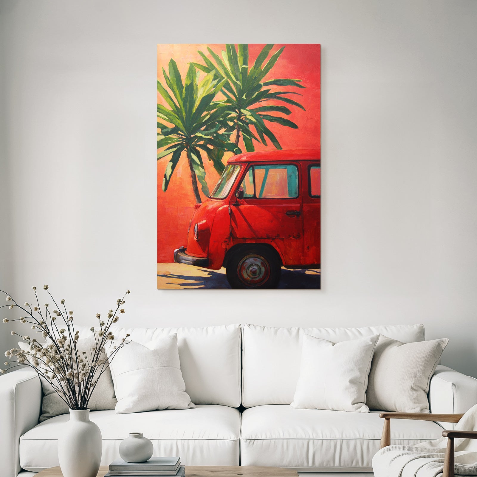 Tropics and jungle vintage red vehicle against orange background with green palm trees