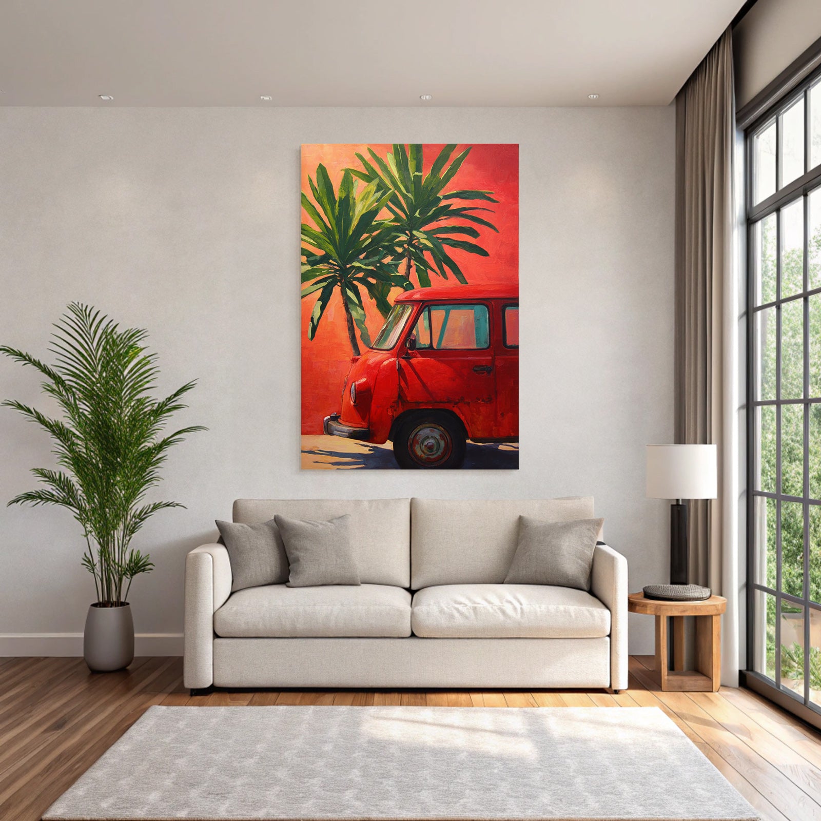 Tropics and jungle vintage red vehicle against orange background with green palm trees