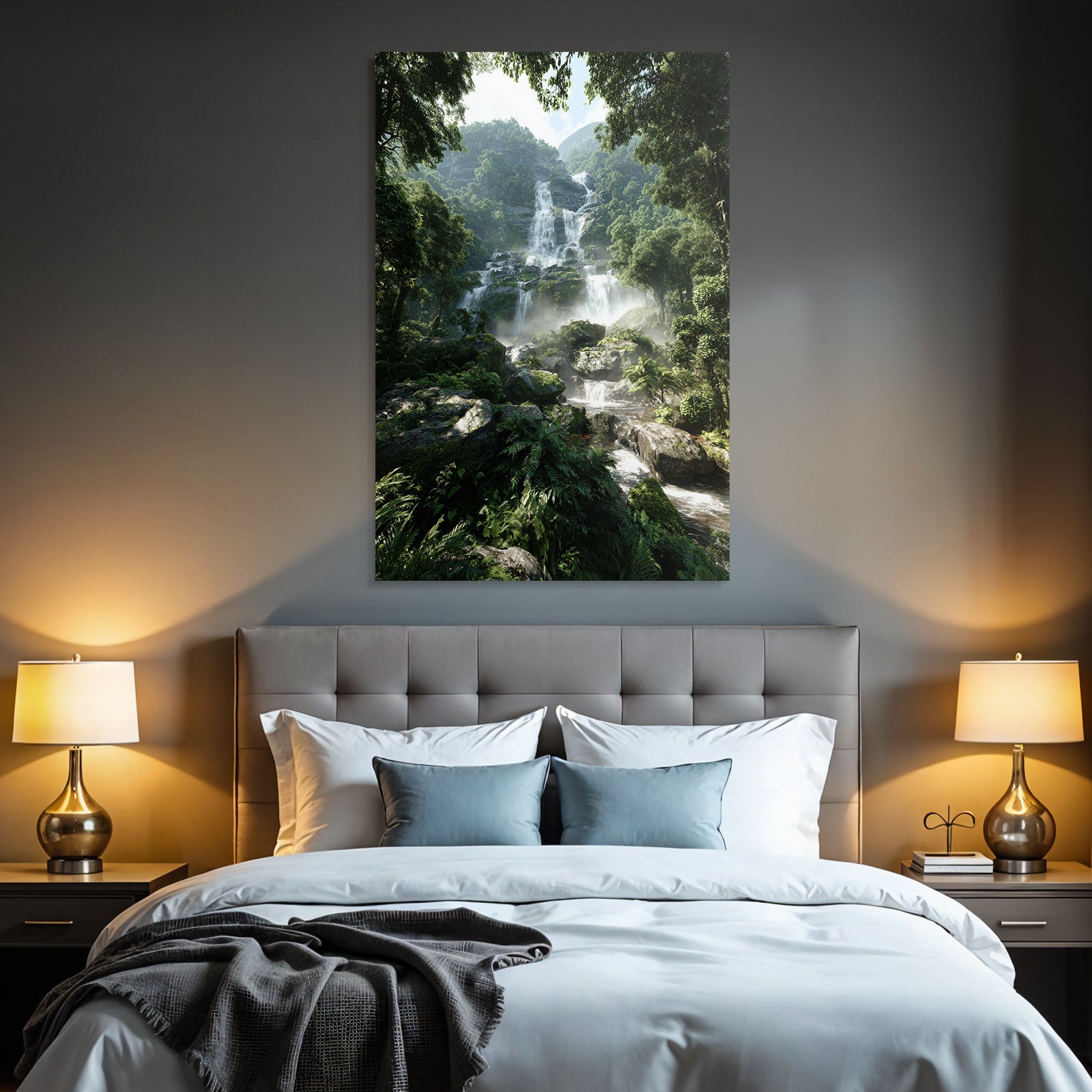 Tropical and jungle waterfall in the forest with mist and green foliage