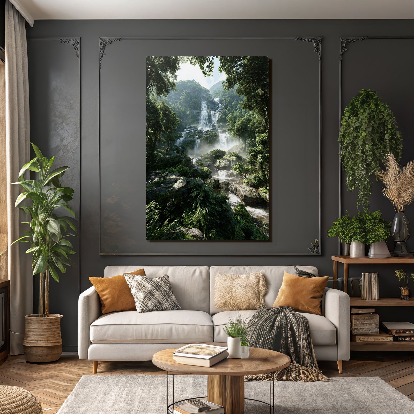 Tropical and jungle waterfall in the forest with mist and green foliage