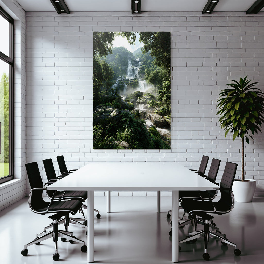 Tropical and jungle waterfall in the forest with mist and green foliage