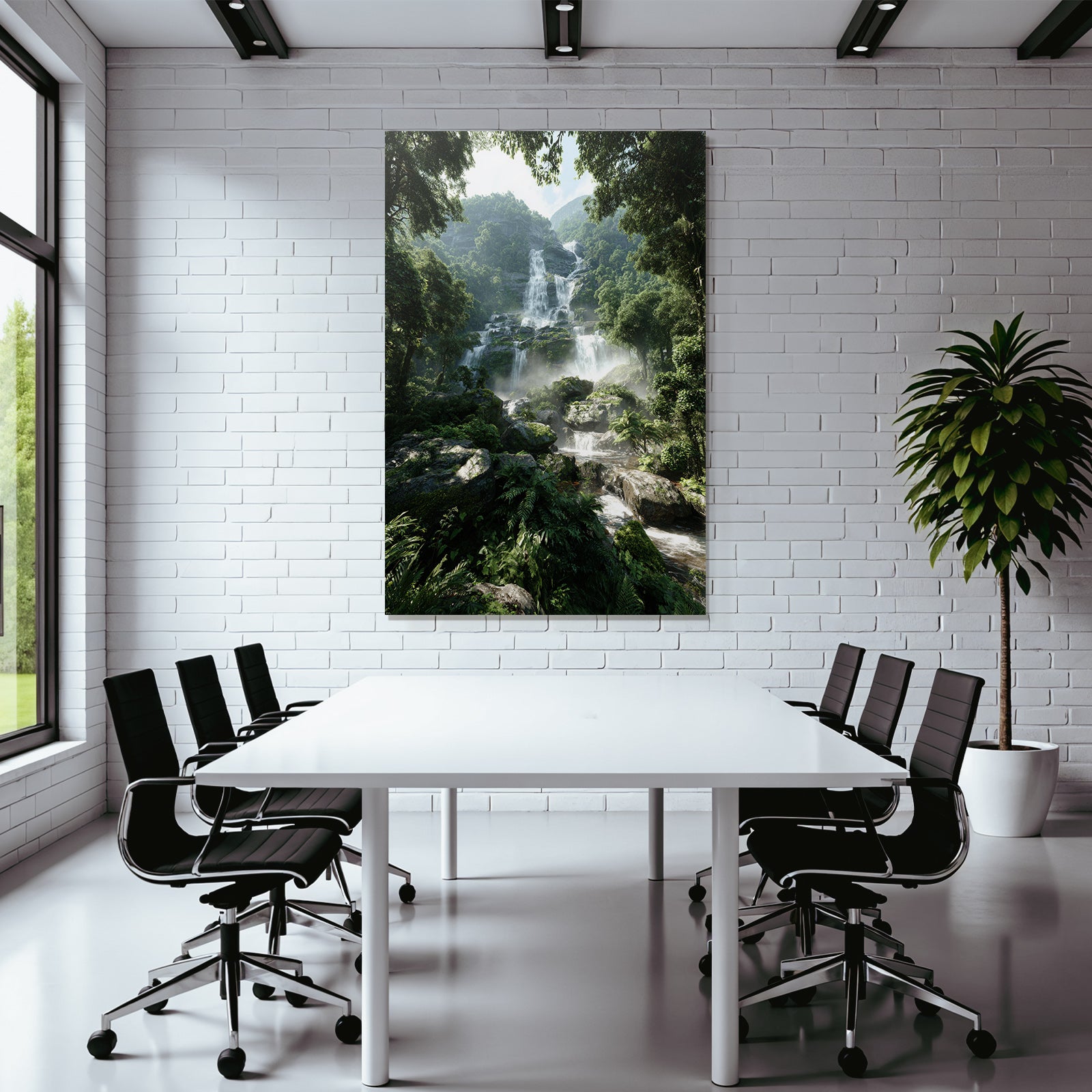 Tropical and jungle waterfall in the forest with mist and green foliage