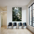 Tropical and jungle waterfall in the forest with mist and green foliage