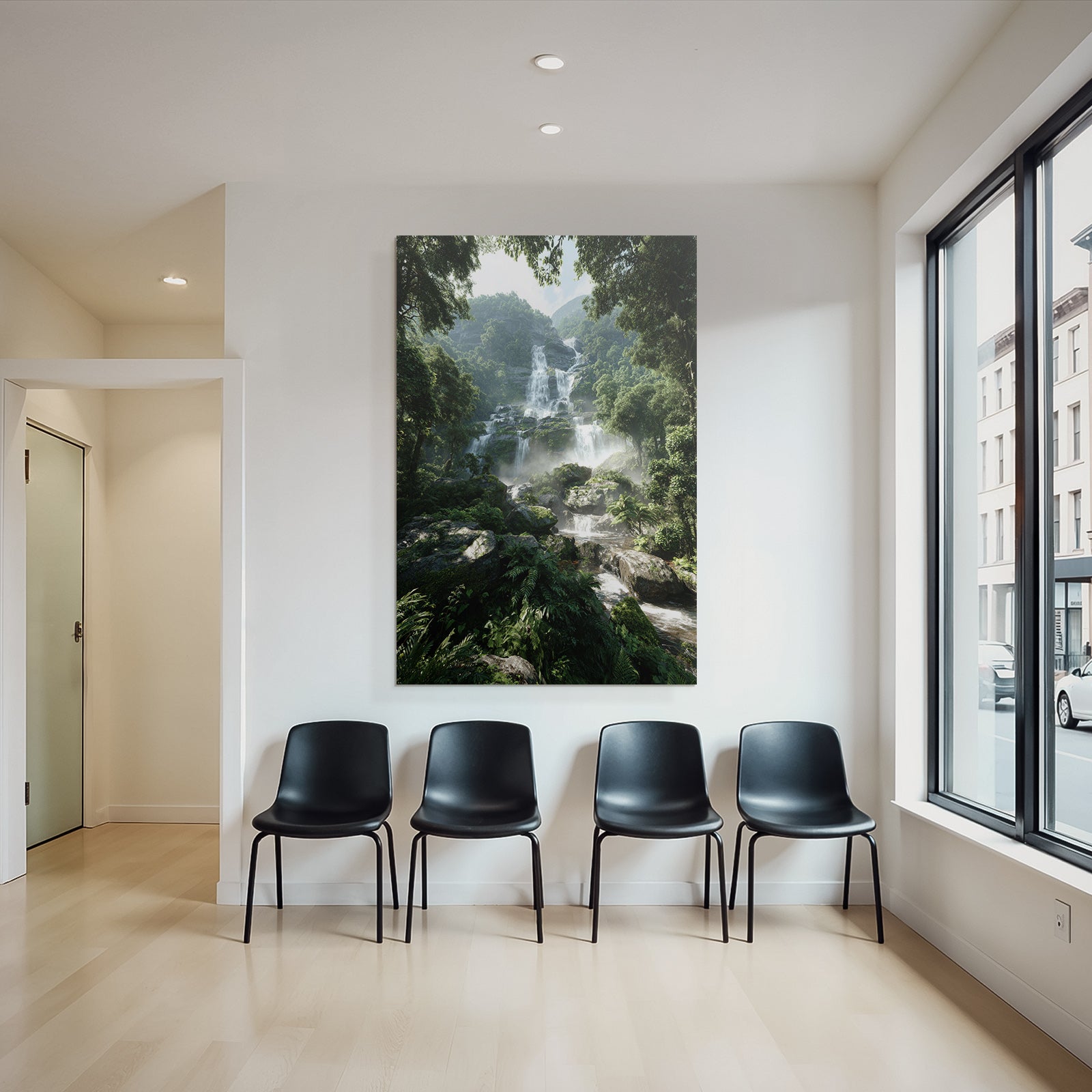 Tropical and jungle waterfall in the forest with mist and green foliage