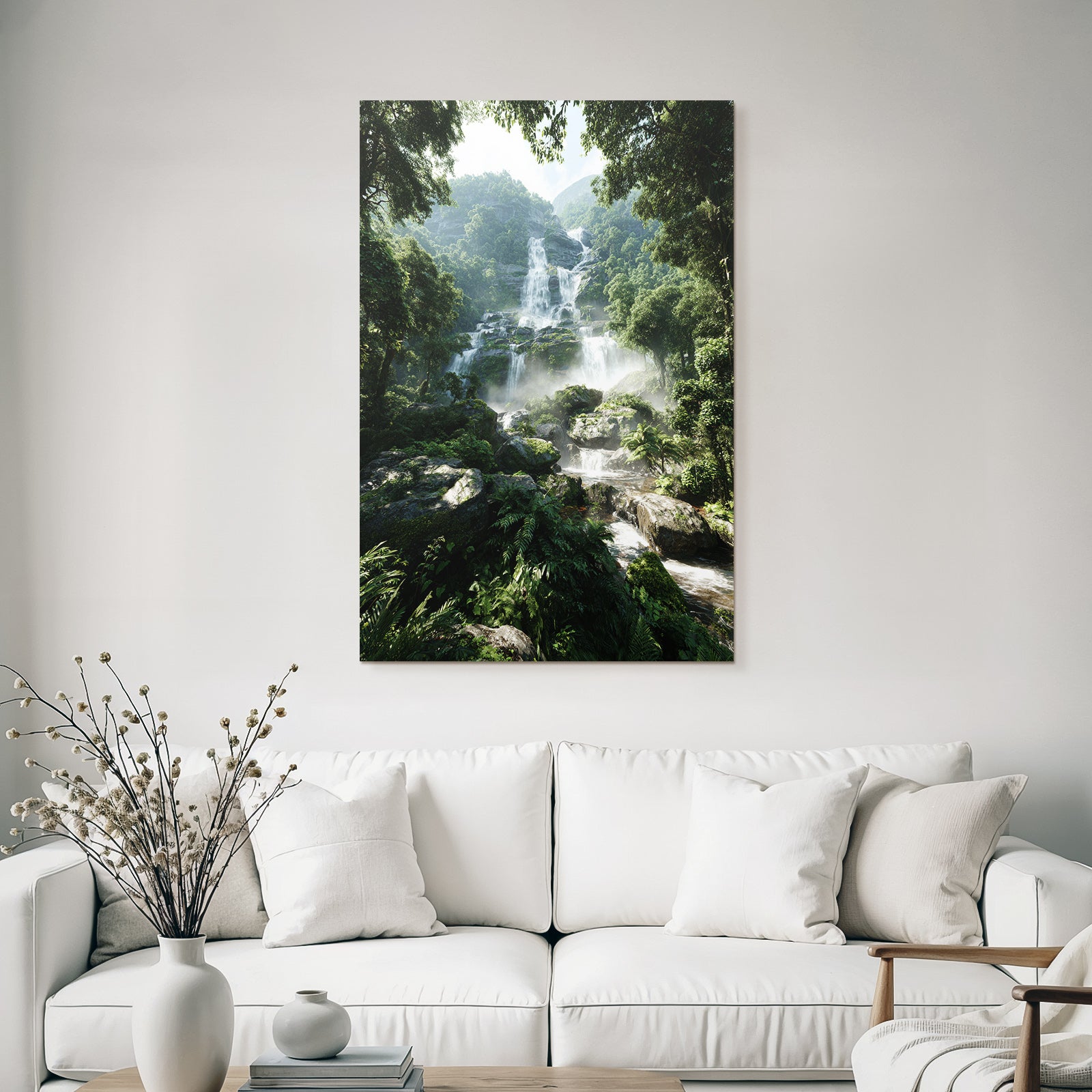 Tropical and jungle waterfall in the forest with mist and green foliage