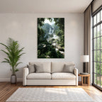 Tropical and jungle waterfall in the forest with mist and green foliage