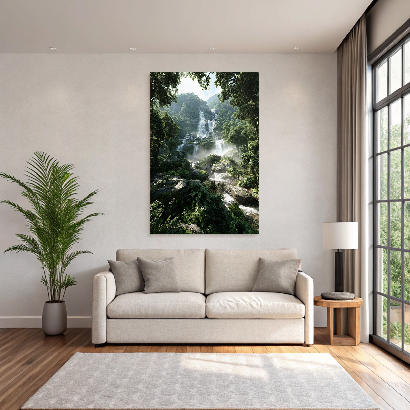 Tropical and jungle waterfall in the forest with mist and green foliage