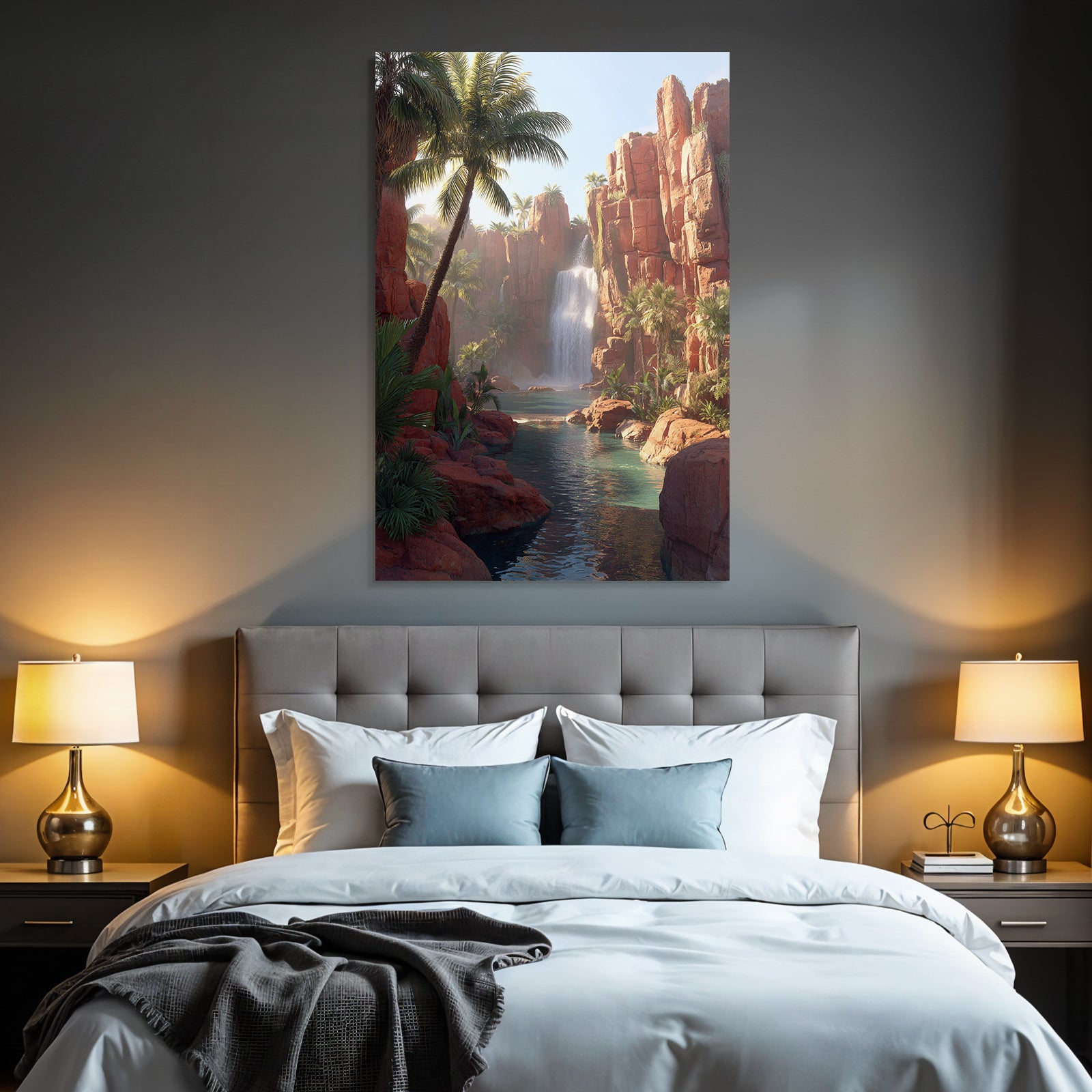 Tropical and jungle waterfall in red rocks with palm trees and blue water