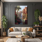 Tropical and jungle waterfall in red rocks with palm trees and blue water