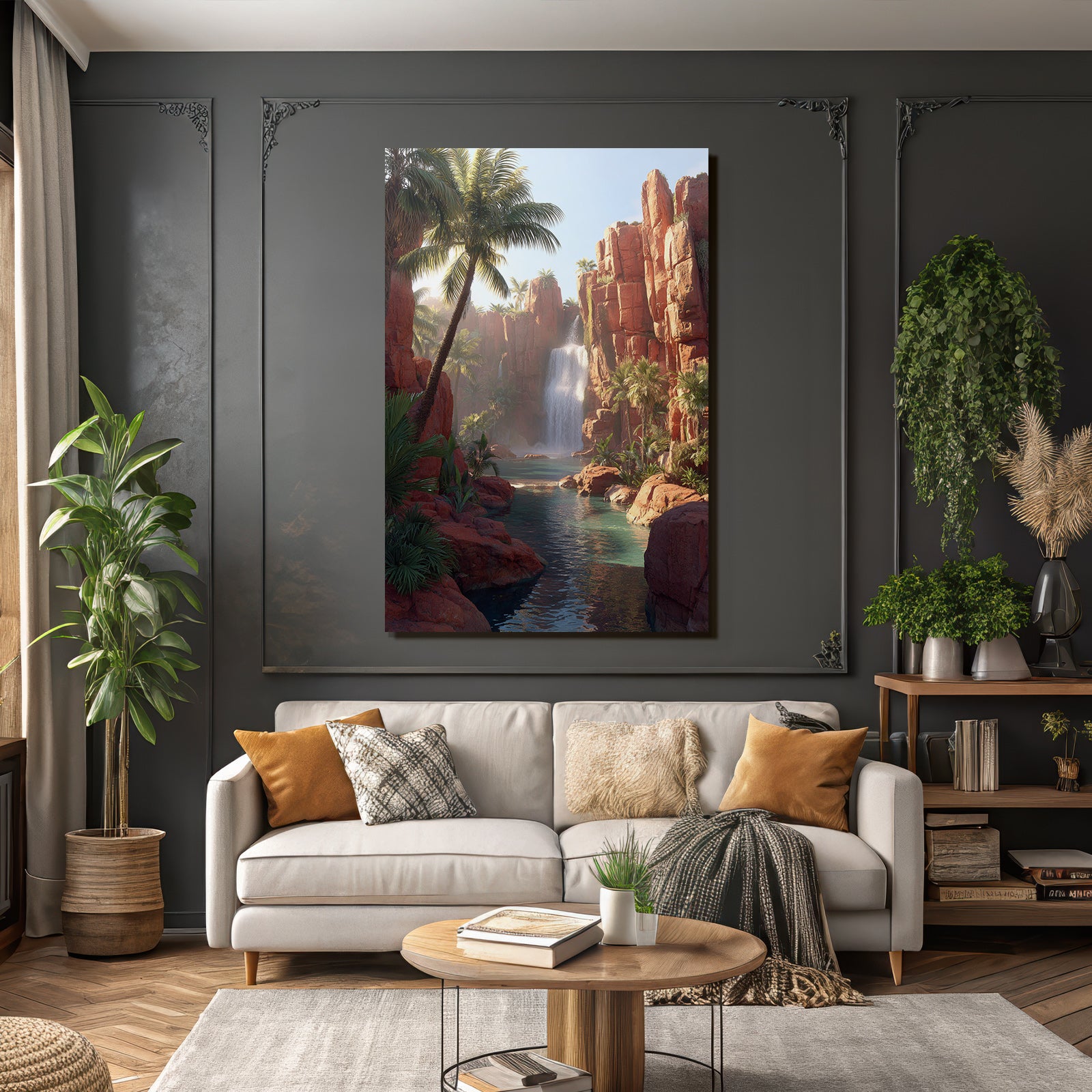 Tropical and jungle waterfall in red rocks with palm trees and blue water