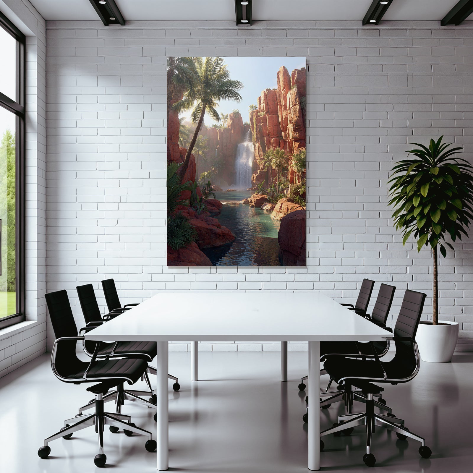 Tropical and jungle waterfall in red rocks with palm trees and blue water