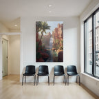 Tropical and jungle waterfall in red rocks with palm trees and blue water