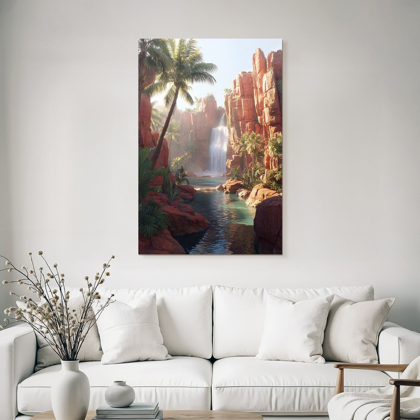 Tropical and jungle waterfall in red rocks with palm trees and blue water