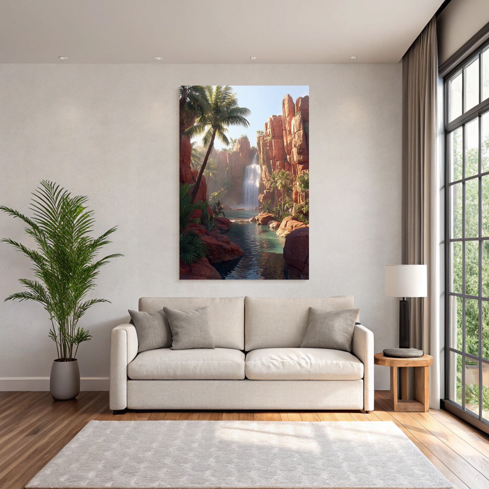 Tropical and jungle waterfall in red rocks with palm trees and blue water