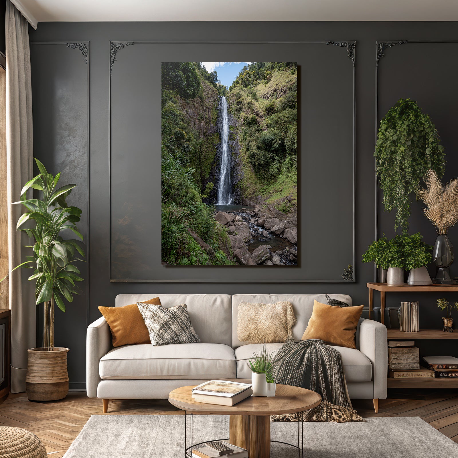 Tropical and jungle waterfall surrounded by green terrain and clear skies