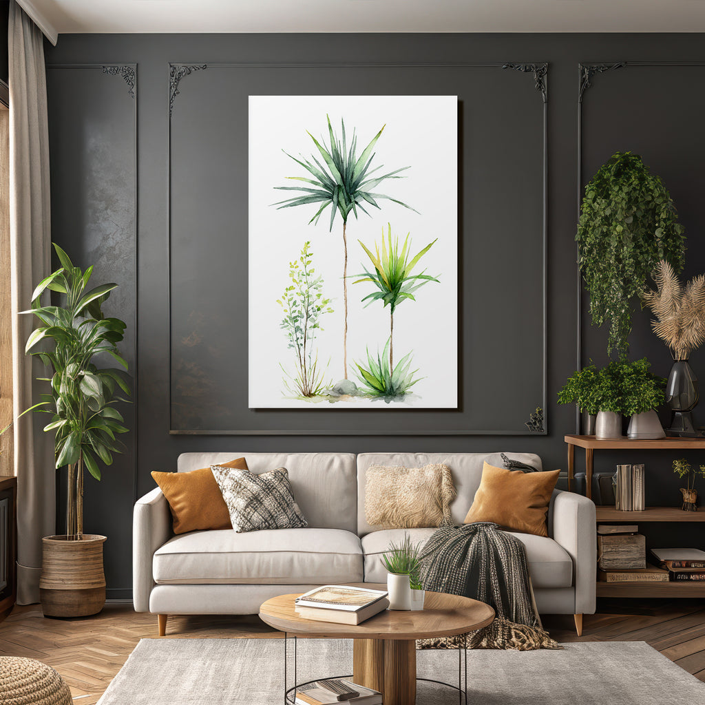 Tropics and jungle watercolor plant illustration three species with elongated leaves