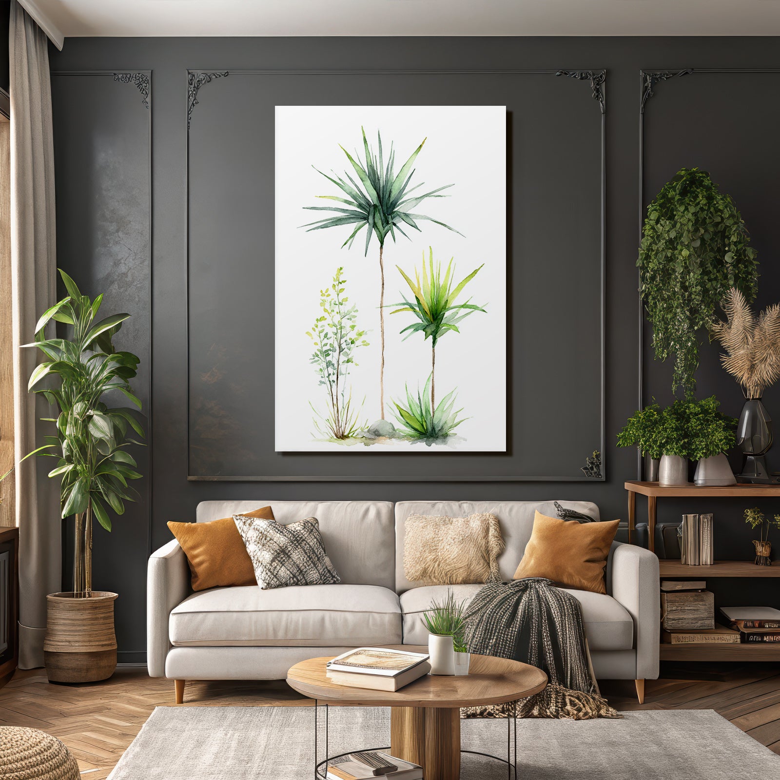 Tropics and jungle watercolor plant illustration three species with elongated leaves