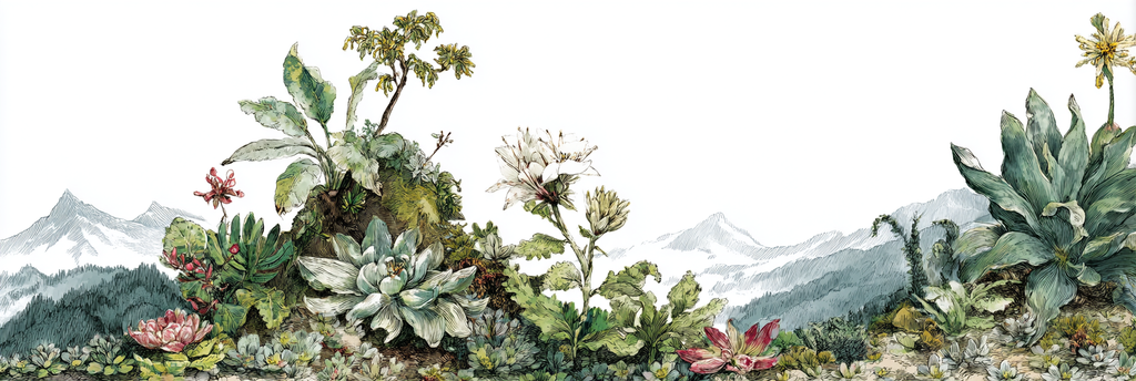 Tropen Und Dschungel Bunte Pflanzen Und Sukkulenten Vor Bergen Botanisches Design | Tropen und Dschungel | Landschaften