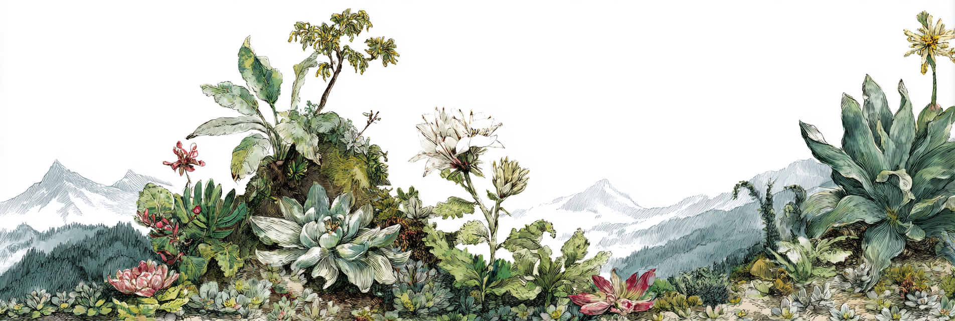 Tropen Und Dschungel Bunte Pflanzen Und Sukkulenten Vor Bergen Botanisches Design | Tropen und Dschungel | Landschaften
