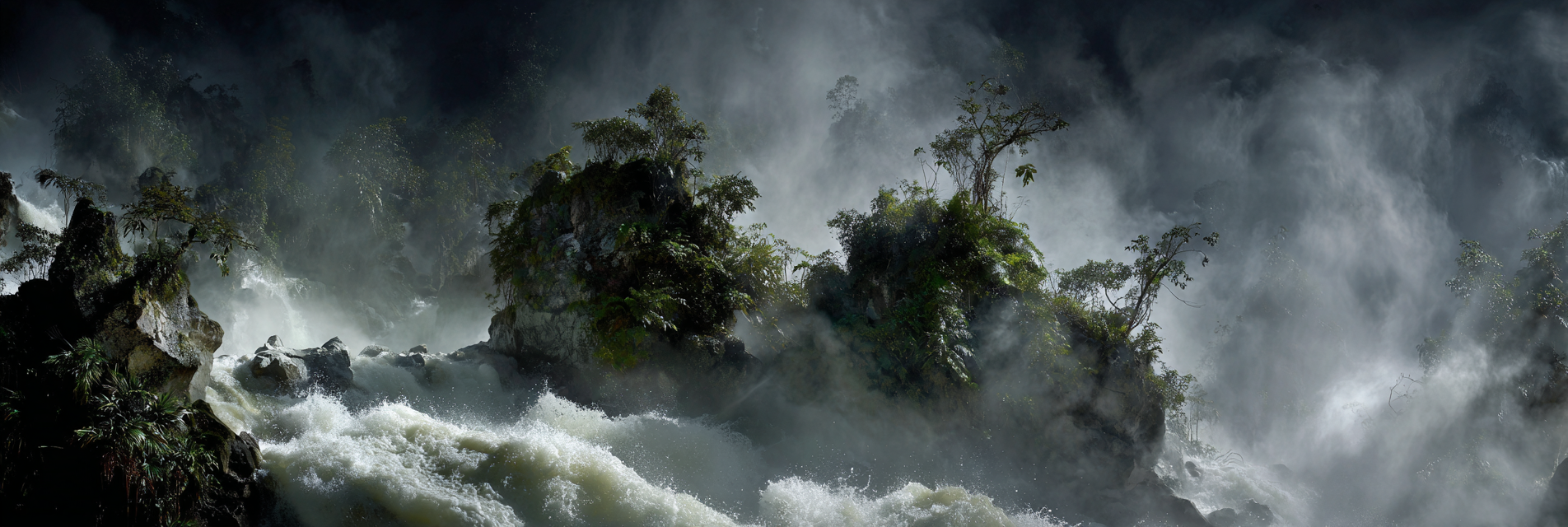 Tropen Und Dschungel Dramatistische Landschaft Mit Wasserfall Umgeben Von Grünen Pflanzen Und Nebel | Tropen und Dschungel | Landschaften