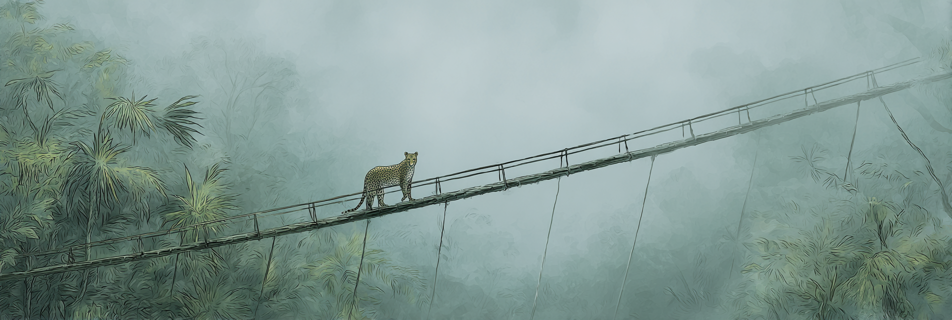 Tropen Und Dschungel Leopard Auf Brücke Im Nebligen Jungle Mystische Landschaft | Tropen und Dschungel | Landschaften