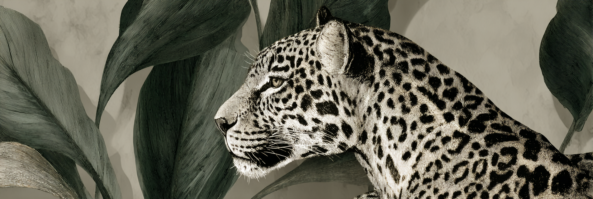 Tropen Und Dschungel Leopardenkopf Mit Blättern Monochrom Kunstwerk | Tropen und Dschungel | Landschaften