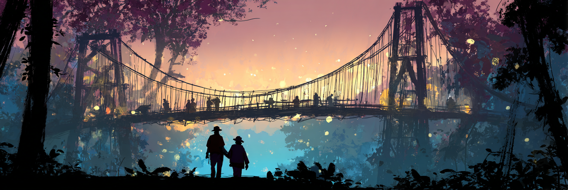 Tropen Und Dschungel Silhoütte Figure Holding Hands Bridge Sunset Scenery | Tropen und Dschungel | Landschaften