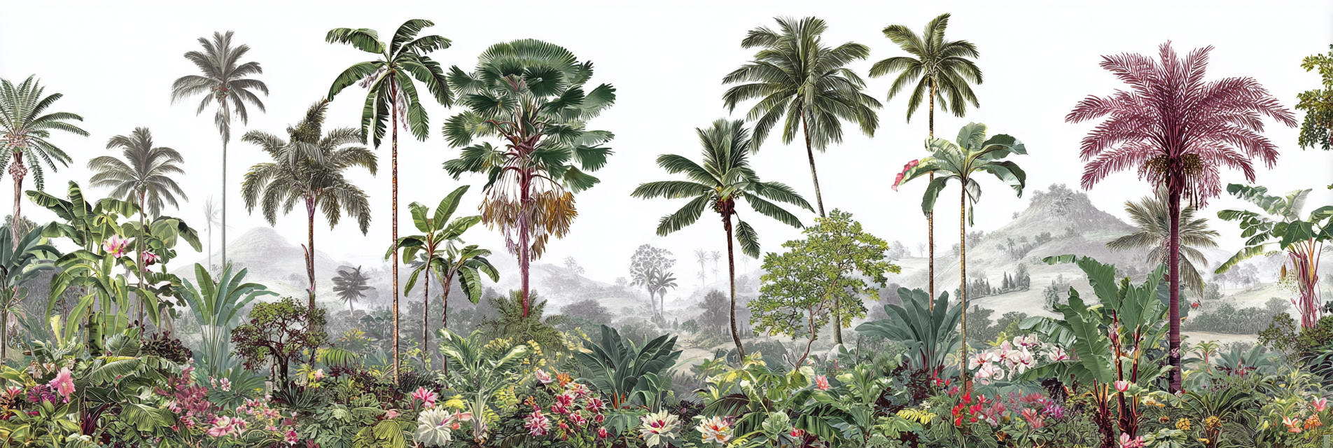 Tropen Und Dschungel Tropische Landschaft Mit Palmbäumen Bunten Blumen Und Hügeln | Tropen und Dschungel | Landschaften