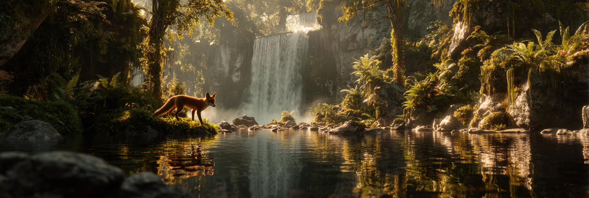 Tropen Und Dschungel Wasserfall Im Wald Mit Fuchs Und Reflexionen | Tropen und Dschungel | Landschaften